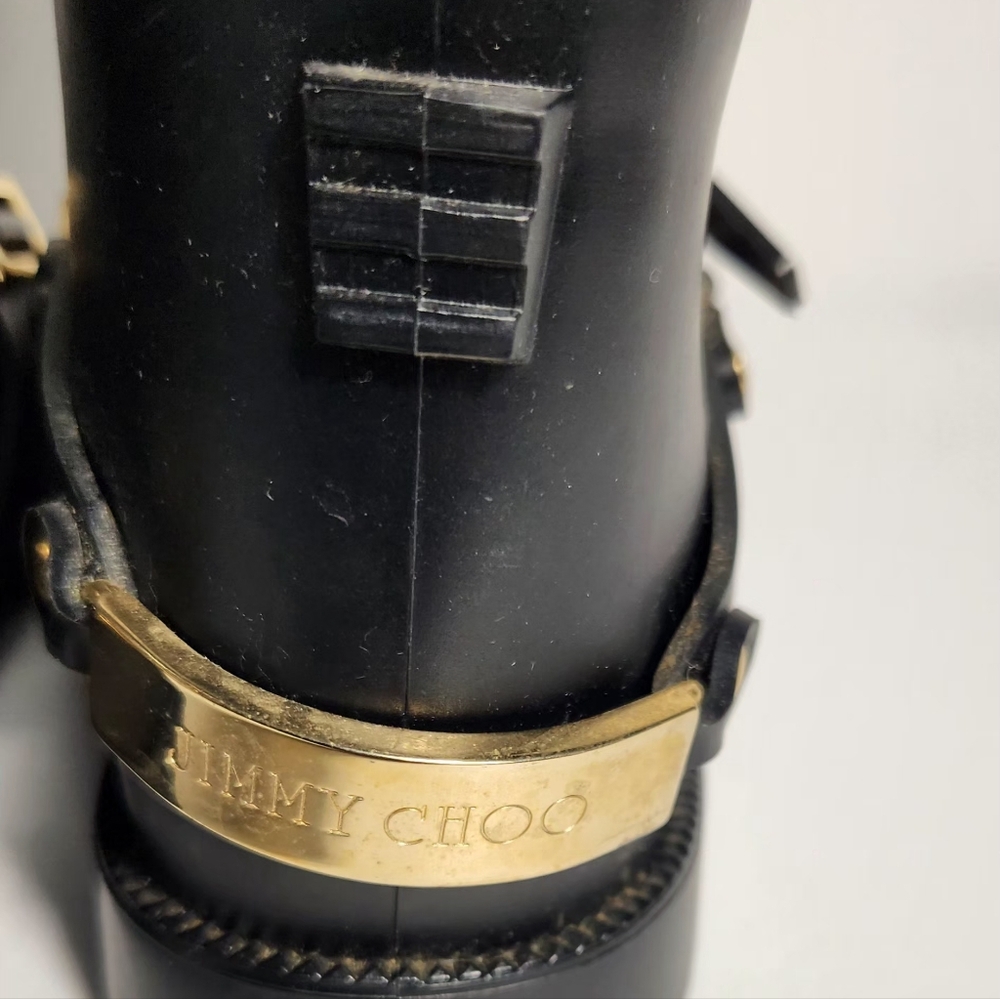 Jimmy Choo CHESHIRE Riding Black Gold Knee High Rain Boots Rubber Women Size 39 - Picture 6 of 14